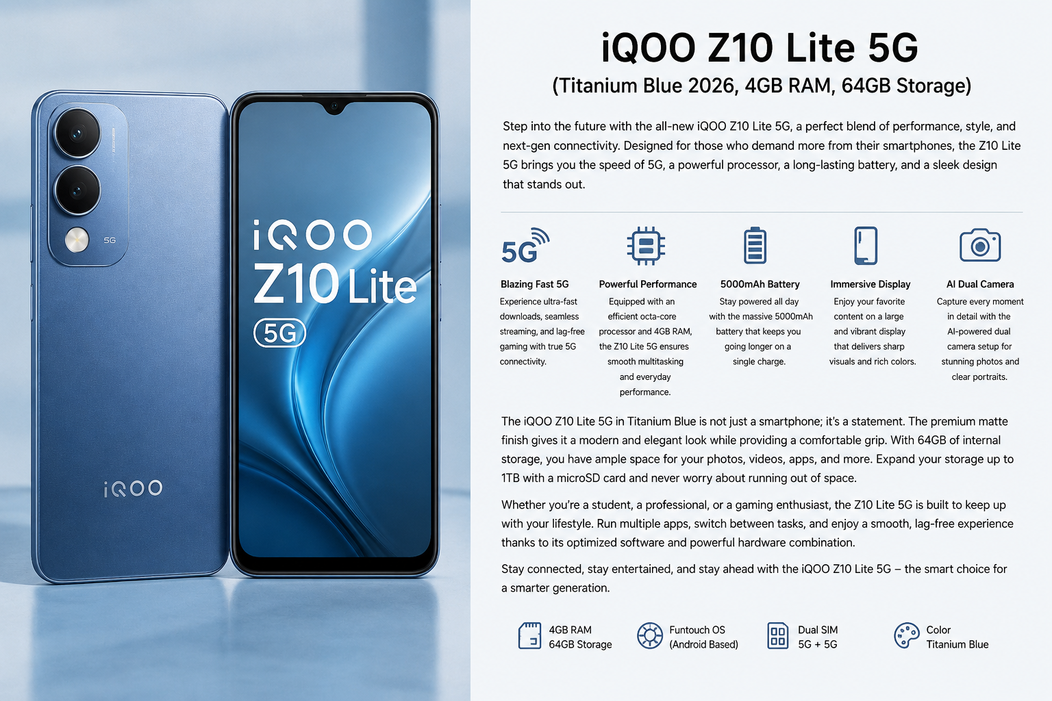 iQOO Z10 Lite 5G Titanium Blue (4GB RAM, 64GB Storage) – Affordable 5G Smartphone with Powerful Battery & Smooth Performance